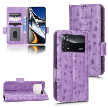 Purple leather folio phone case with geometric triangle pattern; front and back shown side by side.