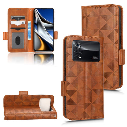 Brown leather folio phone case with symmetrical triangle pattern and card slots