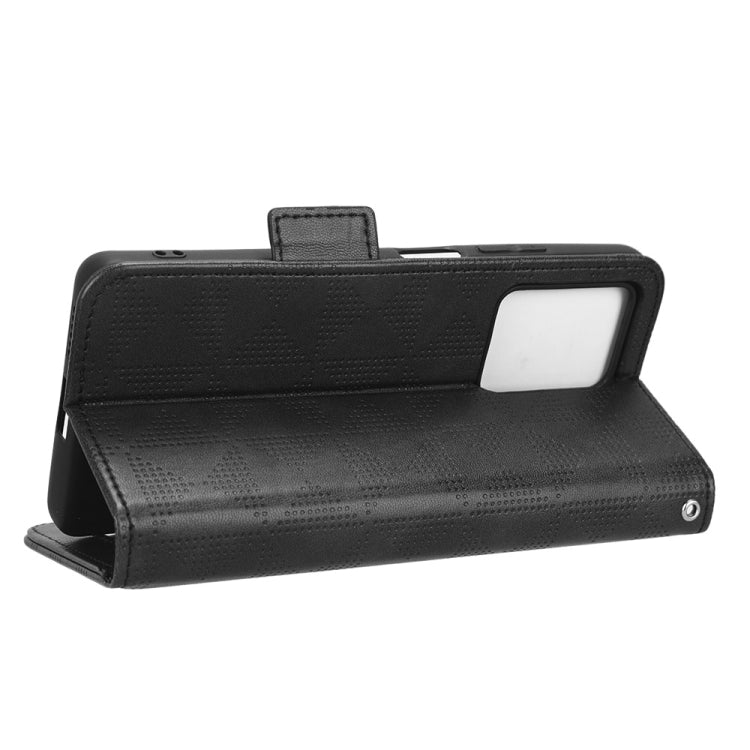 Black leather phone wallet case with diamond texture, folding stand and side latch.
