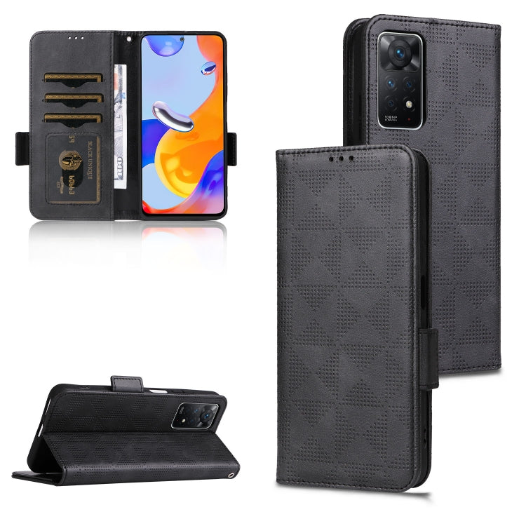 Dark gray leather phone wallet case with diamond texture, flip cover and card slots.