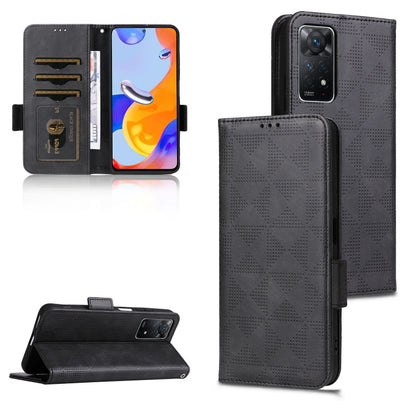 Dark gray leather phone wallet case with diamond texture, flip cover and card slots.