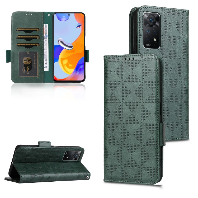 Green leather folio phone case with symmetrical triangle pattern, card slots, and stand
