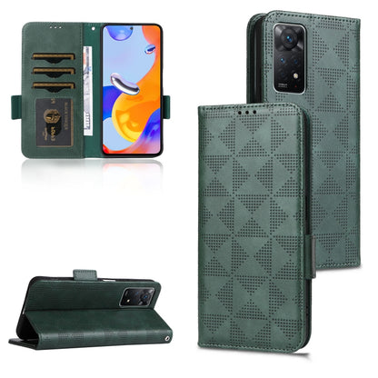 Green leather folio phone case with symmetrical triangle pattern, card slots, and stand