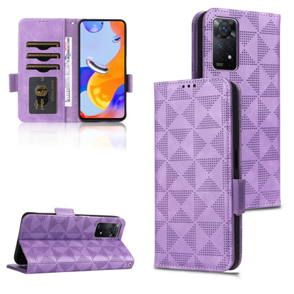 Purple leather folio phone case with symmetrical triangle pattern, card slots, and stand