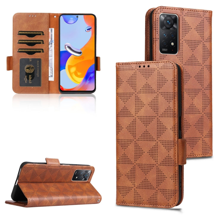 Brown leather folio phone case with symmetrical triangle pattern, card slots, and stand