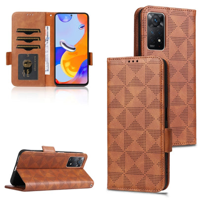 Brown leather folio phone case with symmetrical triangle pattern, card slots, and stand