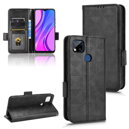 Black leather folio phone case with symmetrical triangle pattern, card slots, and stand