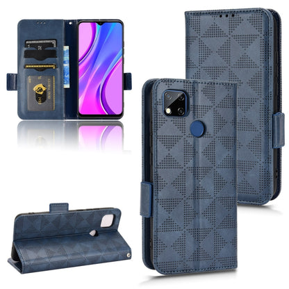 Blue leather folio phone case with symmetrical triangle texture, card slots, and stand