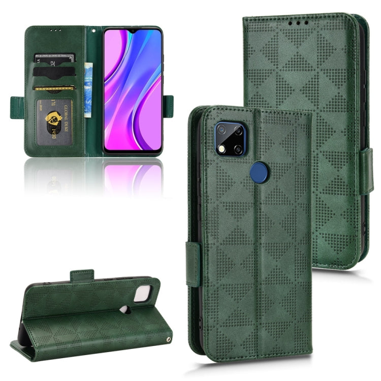 Green leather folio phone case with symmetrical triangle pattern, front flap, and stand