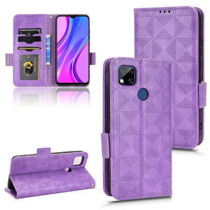 Purple leather folio phone case with symmetrical triangle pattern, card slots, and stand