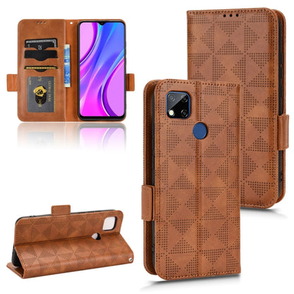 Brown leather folio phone case with symmetrical triangle pattern, card slots, and stand