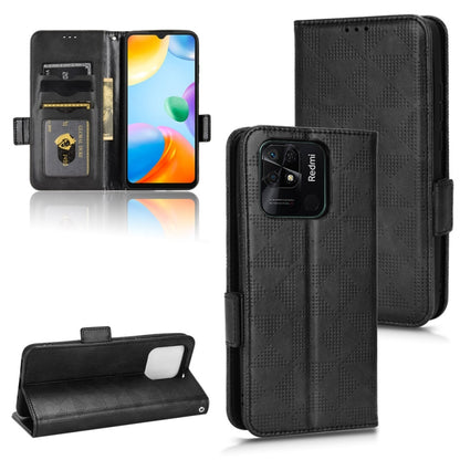 Black leather folio phone case with symmetrical triangle pattern, card slots, and stand