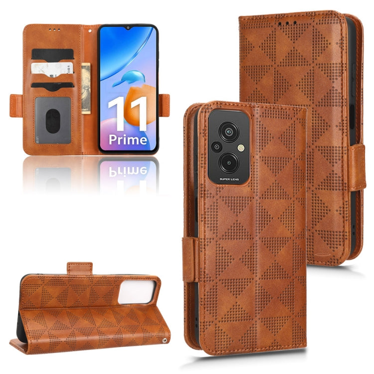 Brown leather wallet phone case with diamond pattern and flip stand