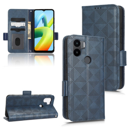 Blue leather folio phone case with symmetrical triangle pattern and side stand