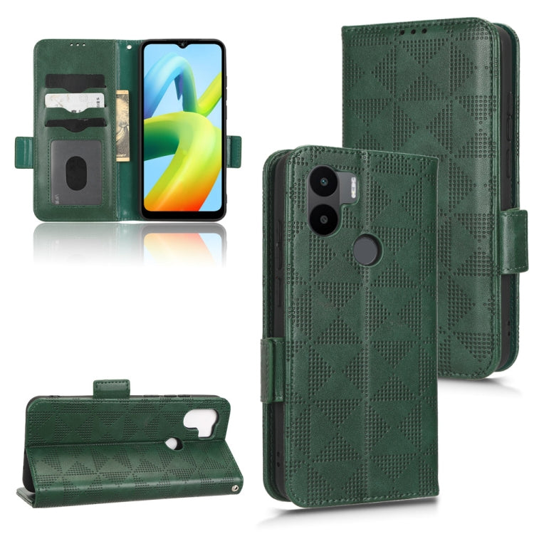 Green leather folio phone case with symmetrical triangle pattern and side stand