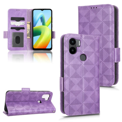 Purple leather folio phone case with symmetrical triangle pattern and side stand