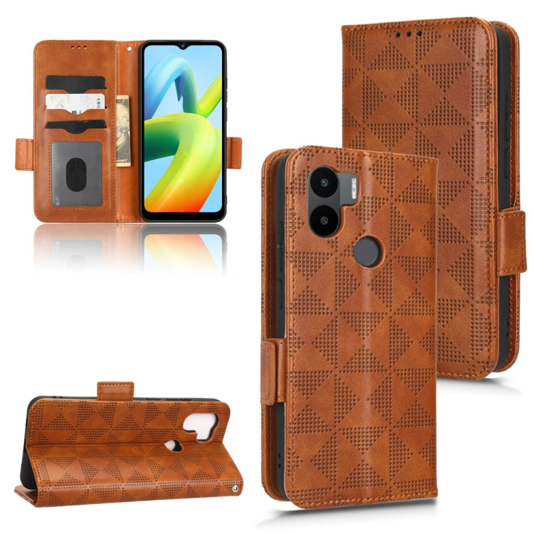 Brown leather folio phone case with symmetrical triangle pattern and side stand