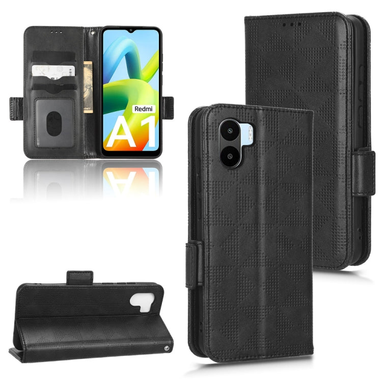 Black leather folio phone case with symmetrical triangle pattern and side stand