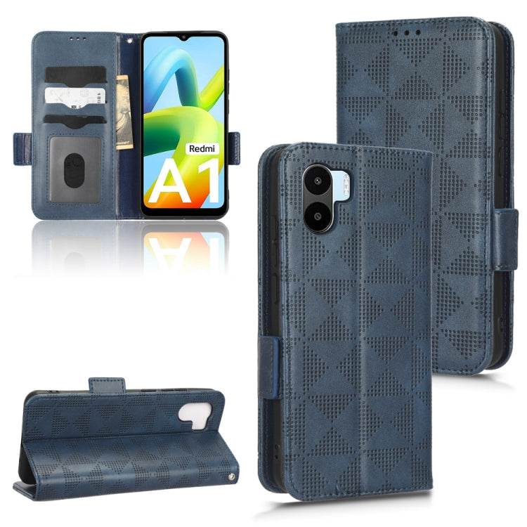 Blue leather folio phone case with symmetrical triangle pattern, magnetic flap