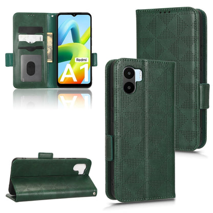 Green leather folio phone case with symmetrical triangle pattern, magnetic flap
