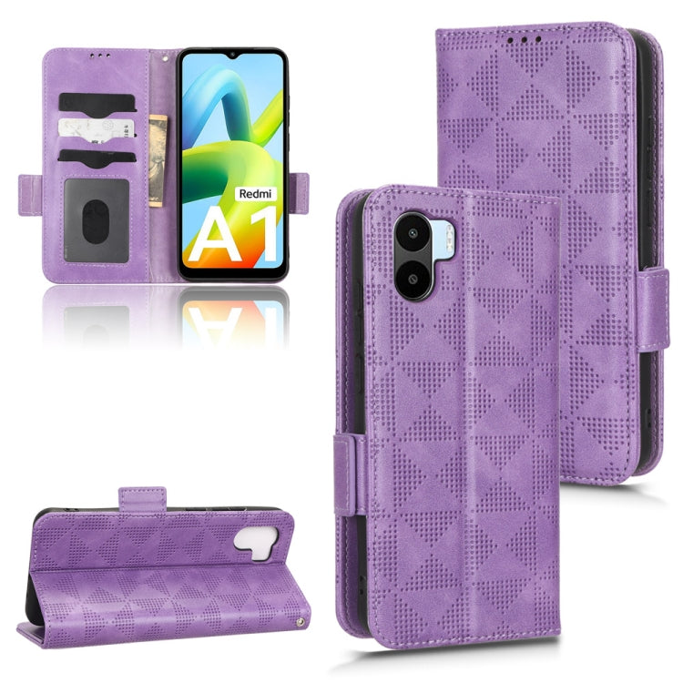 Purple leather folio phone case with symmetrical triangle pattern, magnetic flap