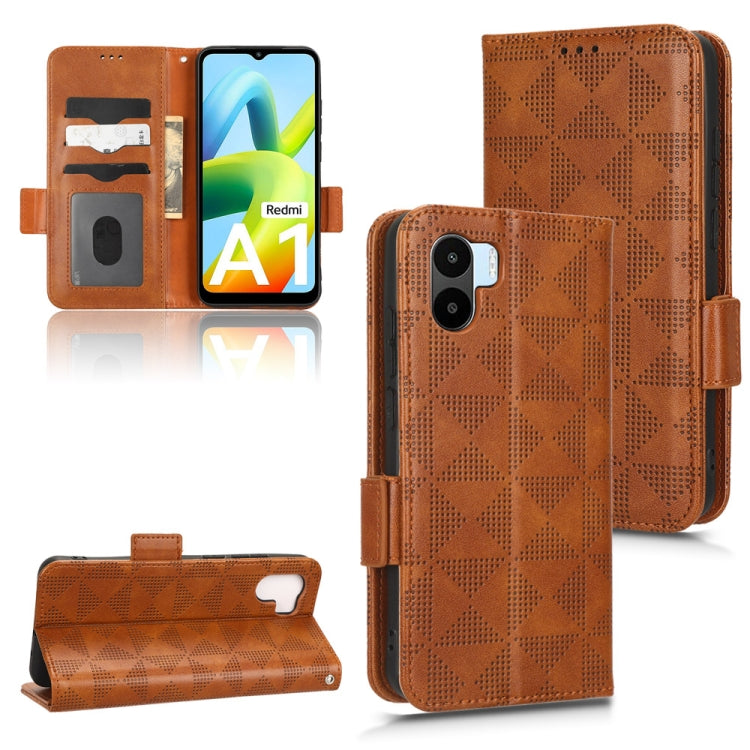 Brown leather folio phone case with symmetrical triangle pattern, magnetic flap