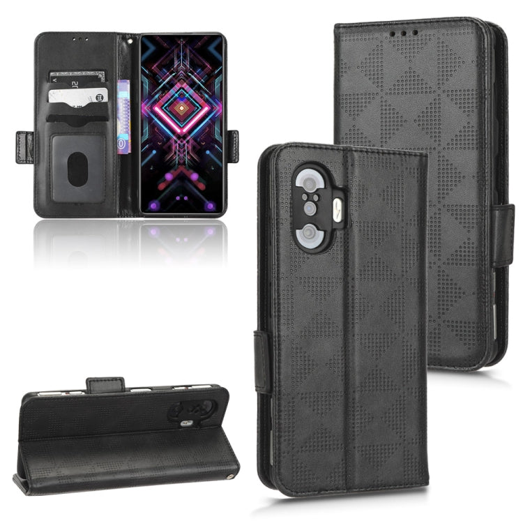 Black leather folio phone case with symmetrical triangle pattern, camera cutout