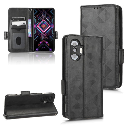 Black leather folio phone case with symmetrical triangle pattern, camera cutout