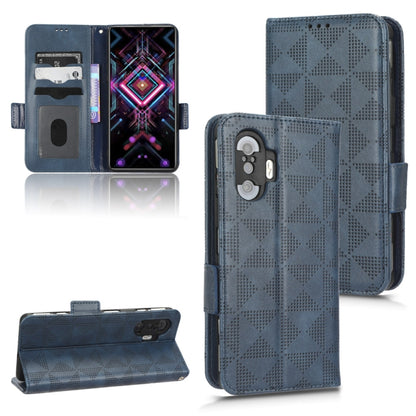 Blue leather folio phone case with symmetrical triangle pattern, magnetic strap, card slots
