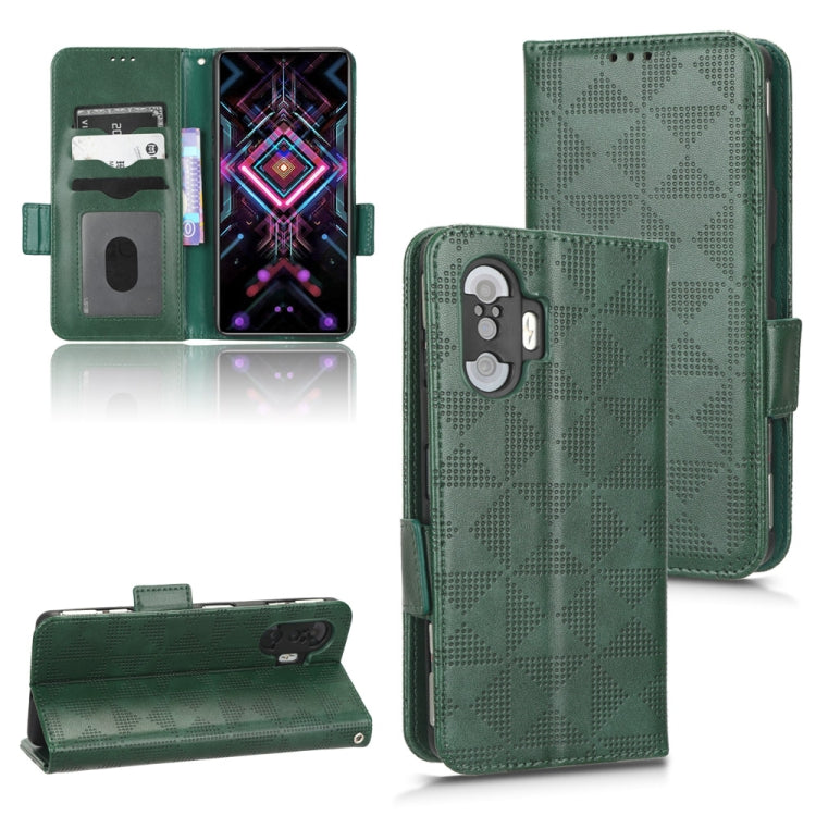 Green leather folio phone case with symmetrical triangle pattern, magnetic strap, card slots