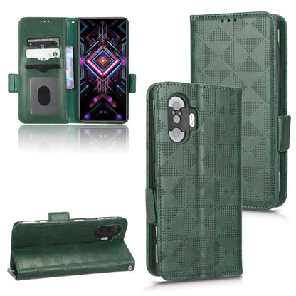 Green leather folio phone case with symmetrical triangle pattern, magnetic strap, card slots