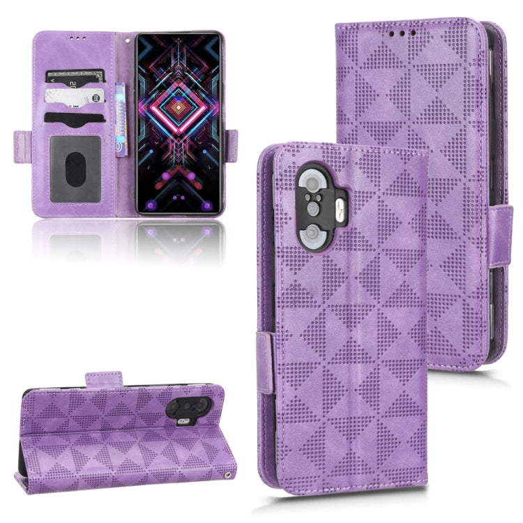 Purple leather folio phone case with symmetrical triangle pattern, magnetic strap, card slots