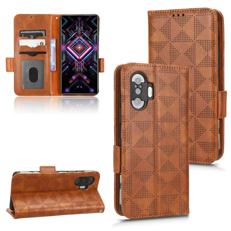 Brown leather folio phone case with symmetrical triangle pattern, magnetic strap, card slots