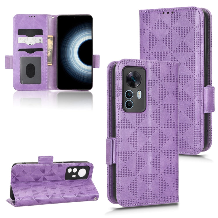Purple leather folio phone case with symmetrical triangle pattern and kickstand, magnetic strap