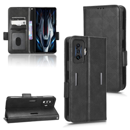 Black leather folio phone case with symmetrical triangle pattern, magnetic strap, camera cutout