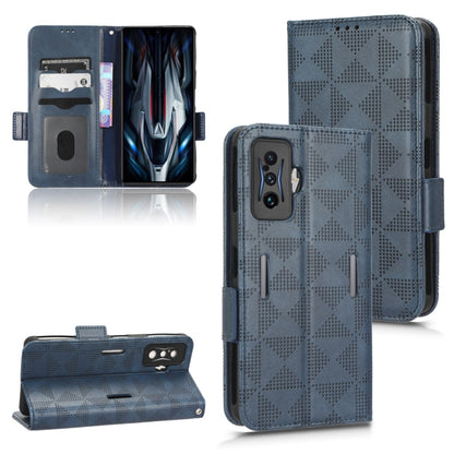Blue leather phone case with symmetrical triangle pattern and folio flap