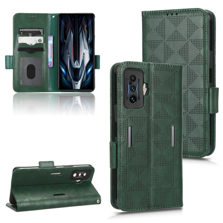 Green leather phone case with symmetrical triangle pattern and folio flap