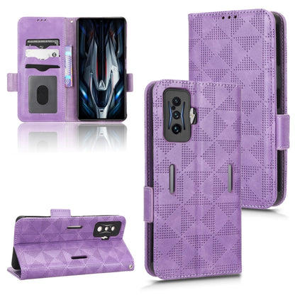 Purple leather phone case with symmetrical triangle pattern and folio flap