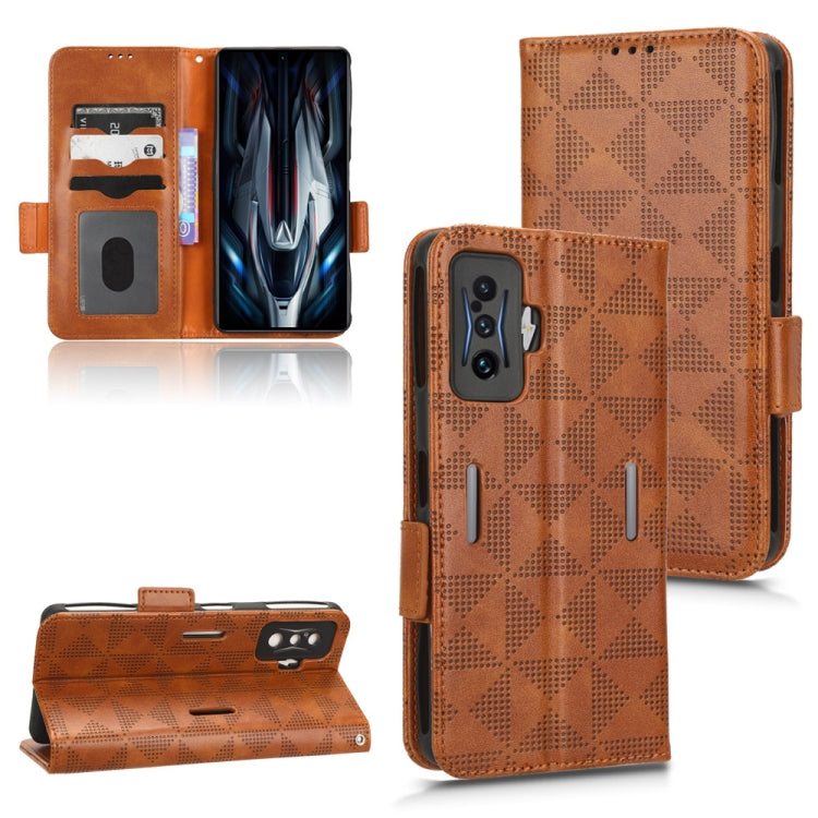 Brown leather phone case with symmetrical triangle pattern and folio flap
