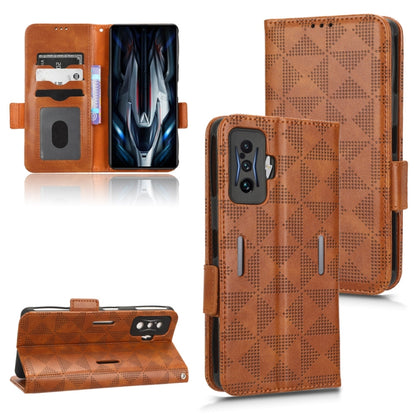 Brown leather phone case with symmetrical triangle pattern and folio flap