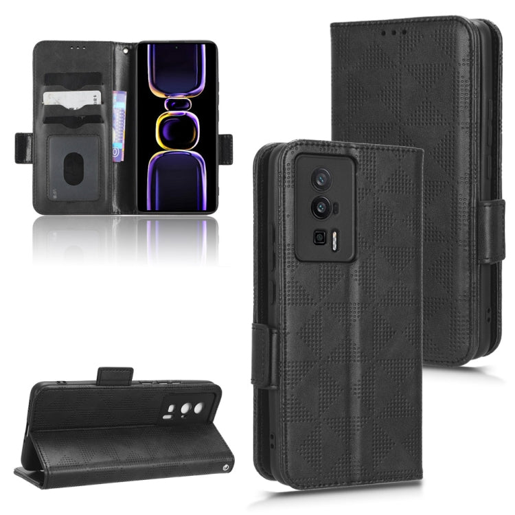 Black leather phone case with symmetrical triangle pattern and folio flap