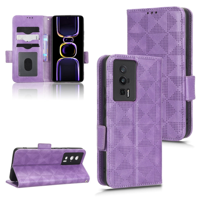 Purple leather folio phone case with symmetrical triangle pattern and side strap