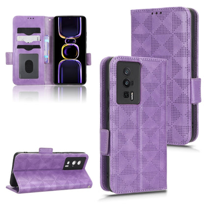Purple leather folio phone case with symmetrical triangle pattern and side strap