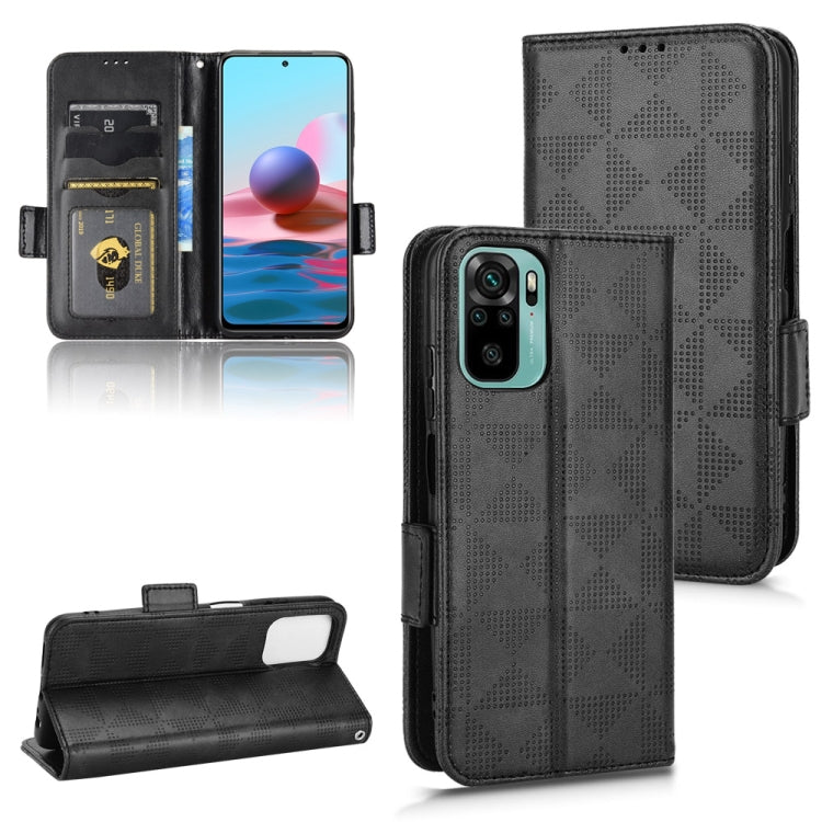 Black leather folio phone case with symmetrical triangle pattern and side strap