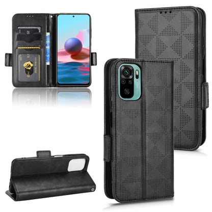 Black leather folio phone case with symmetrical triangle pattern and side strap
