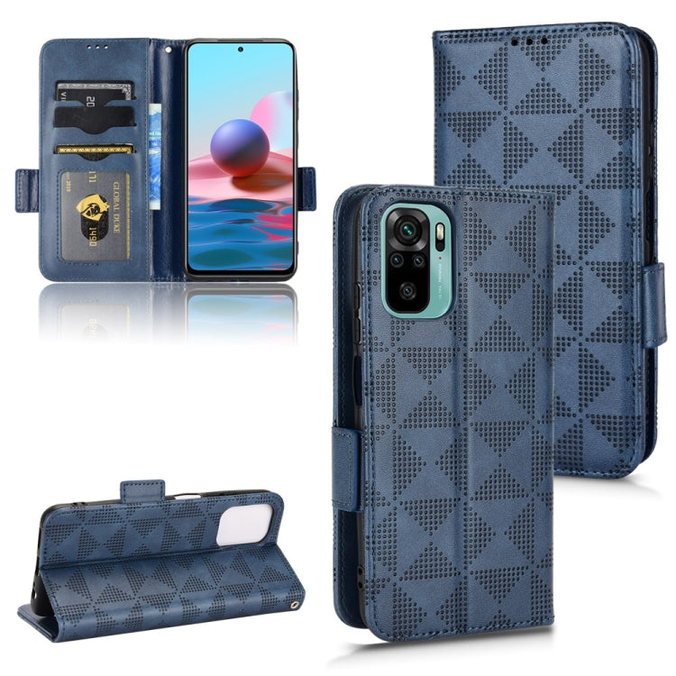Blue leather-style folio phone case with symmetrical triangle pattern and card slots