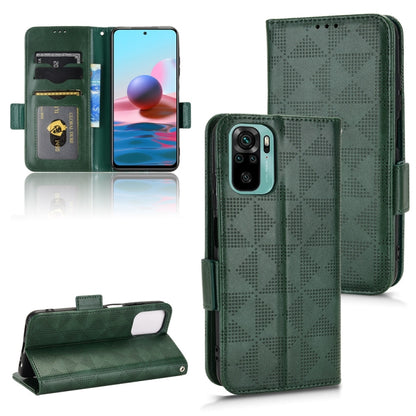 Green leather-style folio phone case with symmetrical triangle pattern and card slots