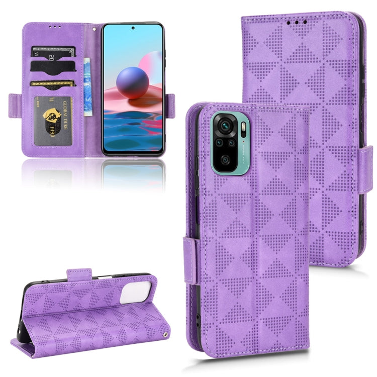 Purple leather-style folio phone case with symmetrical triangle pattern and card slots