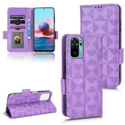 Purple leather-style folio phone case with symmetrical triangle pattern and card slots