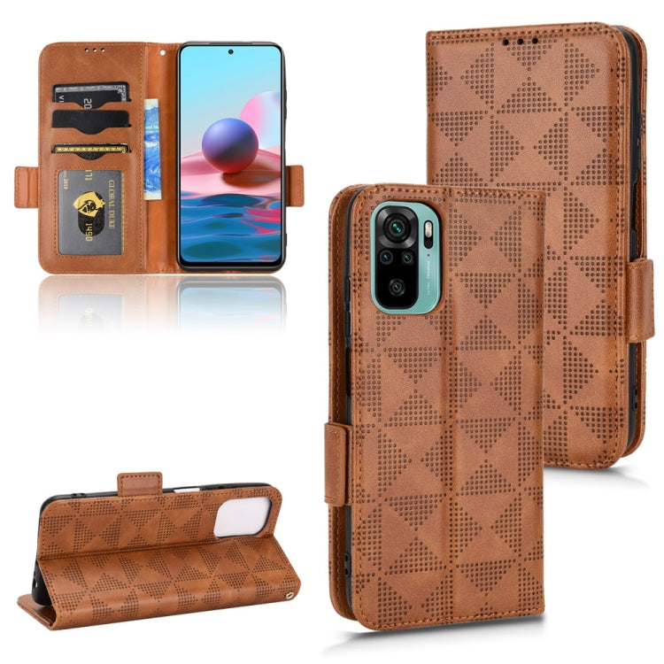 Brown leather-style folio phone case with symmetrical triangle pattern and card slots